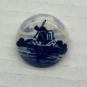 Vintage Delft windmill round ceramic brooch